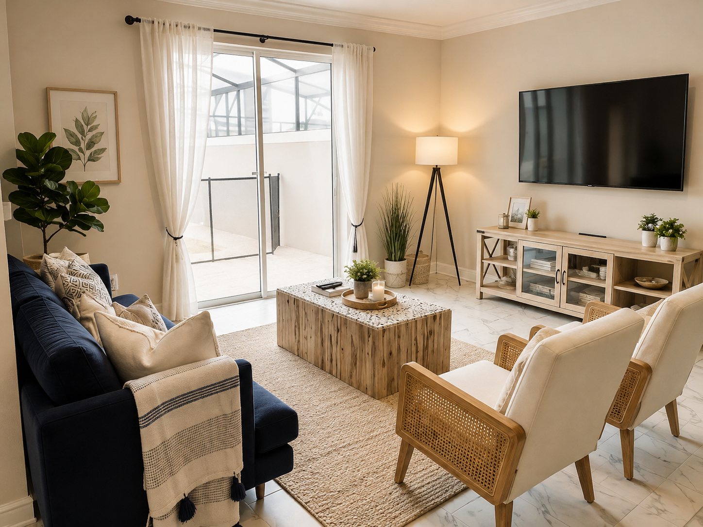 Coastal-modern vacation rental living room with navy sofa, cane armchairs and jute rug