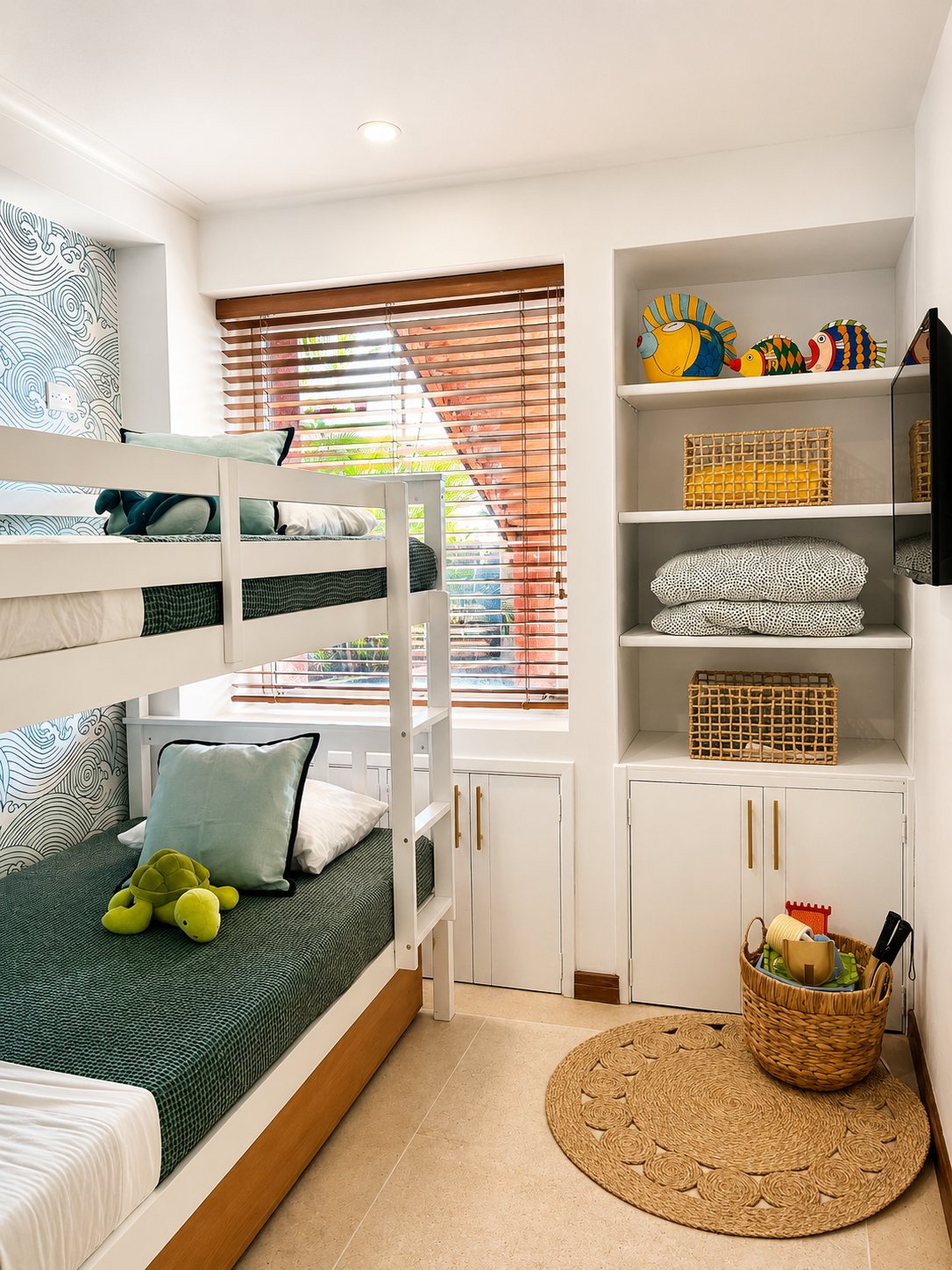 Kids bunk room with wave wallpaper, built-in shelving and sea-life decor