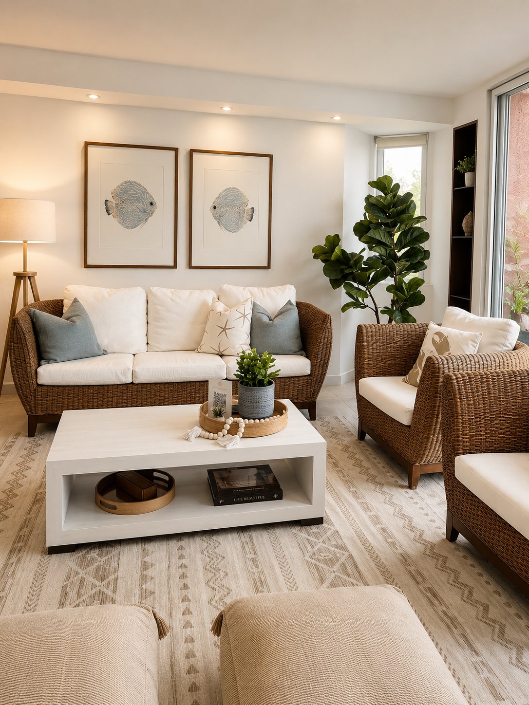 Coastal living room with rattan sofa, framed fish prints and woven armchairs