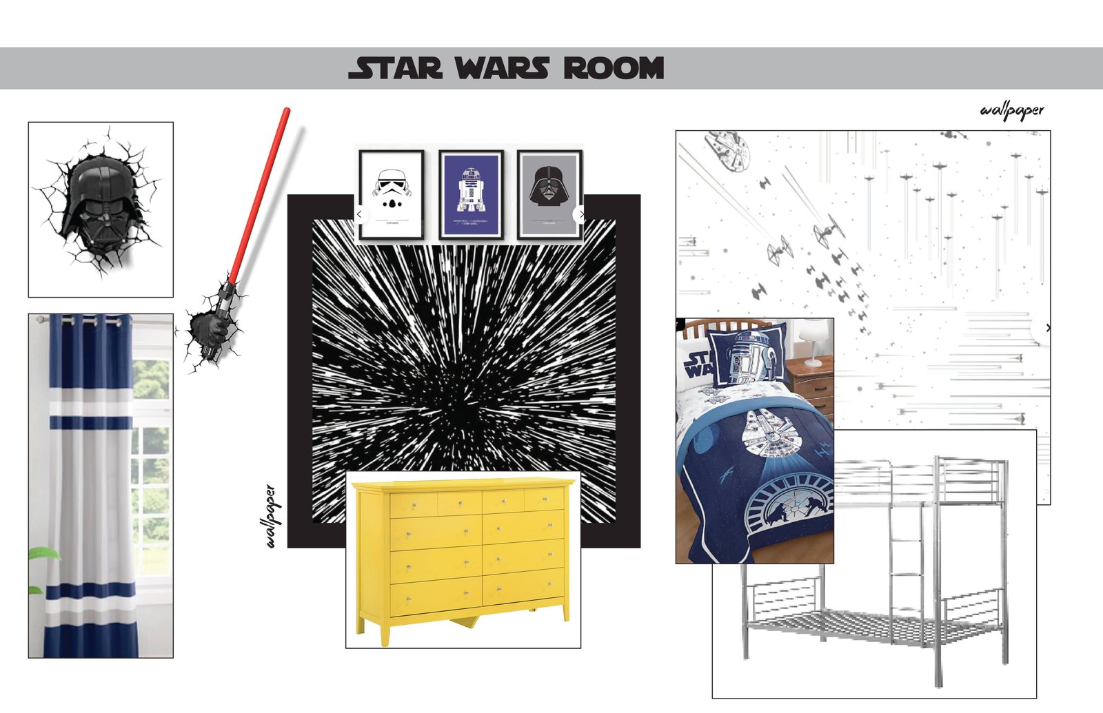 Design moodboard showing wallpaper, bunk beds, dresser and lighting selections