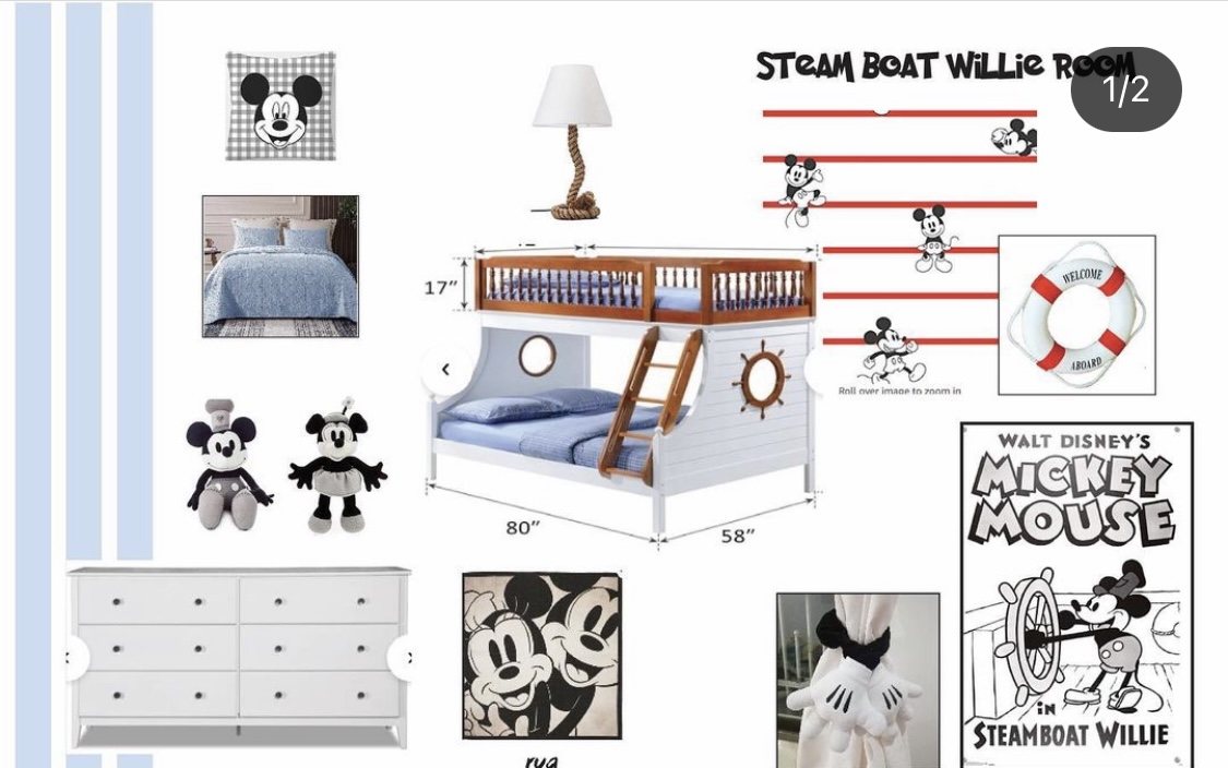 Design moodboard showing bedding, bunk bed, dresser and wall decor selections