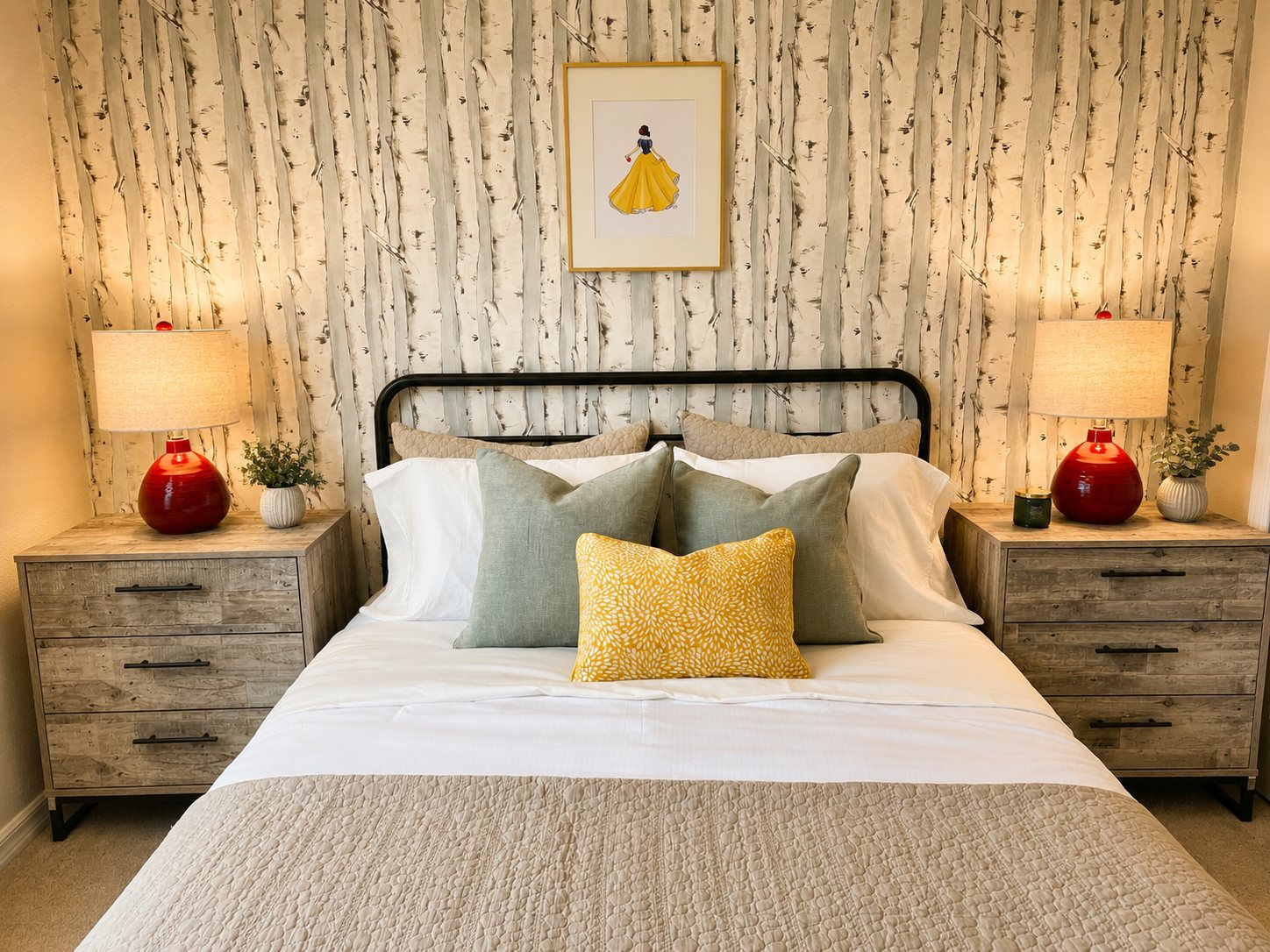 Guest bedroom with birch feature wall and layered neutral bedding