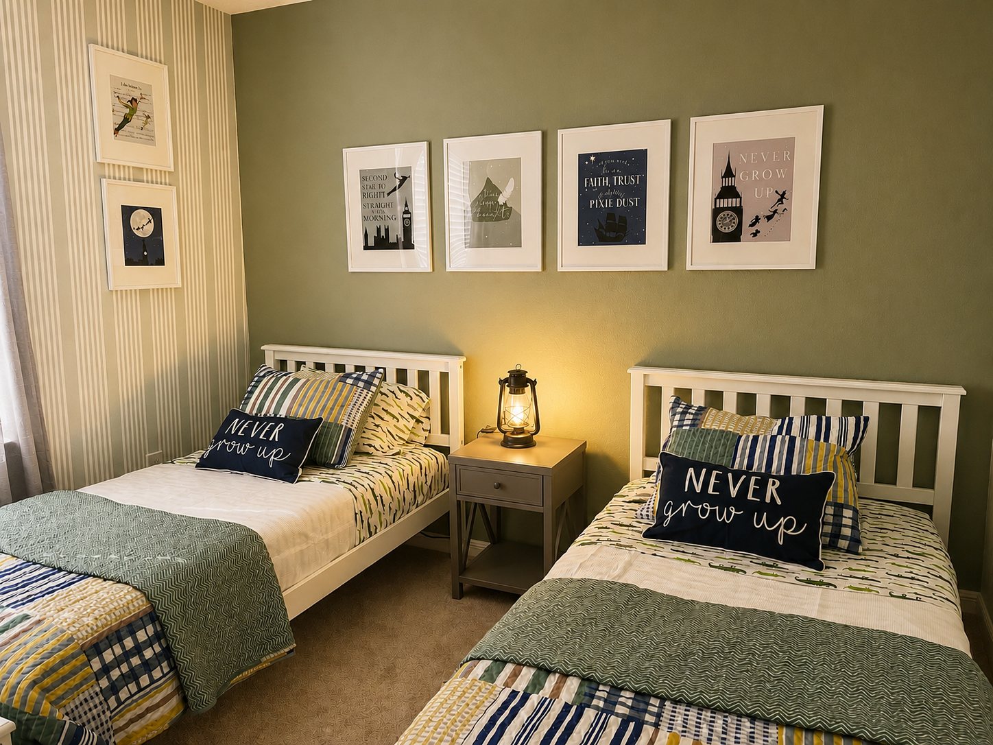 Twin guest room with striped feature wall and framed gallery prints